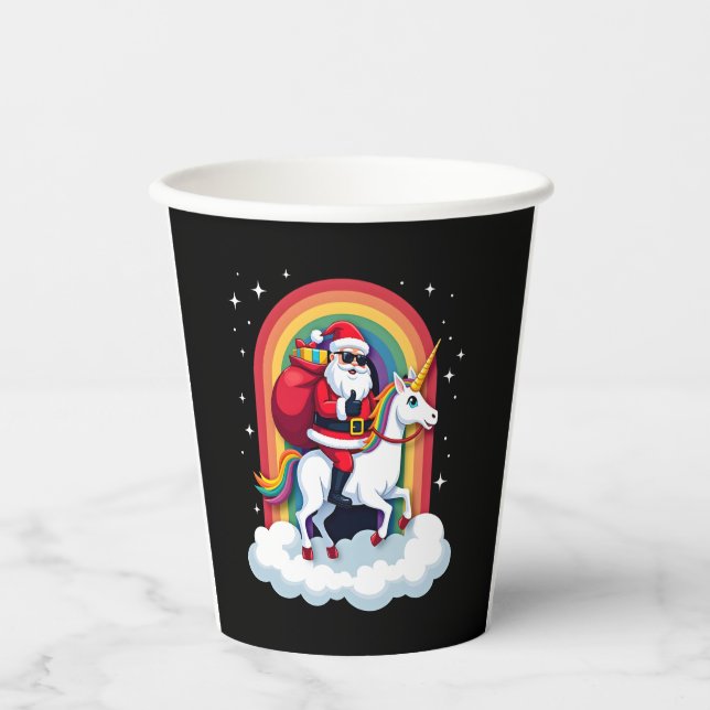 Christmas Santa Riding Unicorn Xmas Girls Women Ra Paper Cups (Front)