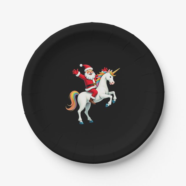 Christmas Santa Riding Unicorn Xmas Girls Women Ra Paper Plate (Front)