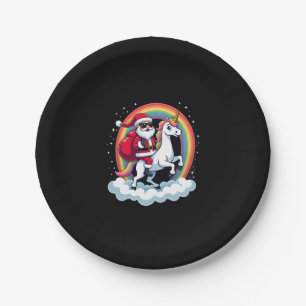 Christmas Santa Riding Unicorn Xmas Girls Women Ra Paper Plate
