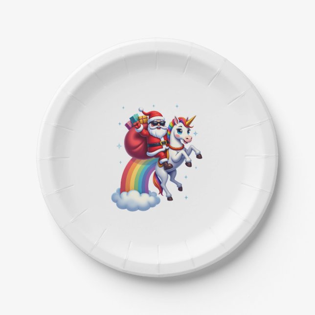 Christmas Santa Riding Unicorn Xmas Girls Women Ra Paper Plate (Front)