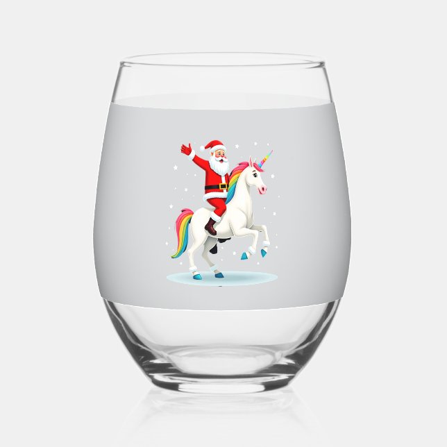 Christmas Santa Riding Unicorn Xmas Girls Women Ra Stemless Wine Glass (Front)