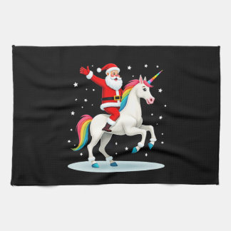 Christmas Santa Riding Unicorn Xmas Girls Women Ra Tea Towel