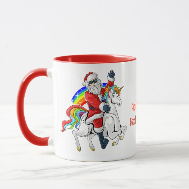 Christmas Santa Riding Unicorn Xmas Rainbow Mug (Left)