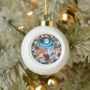 Christmas Santa’s Sleigh with Festive Winter Scene Ceramic Ball Christmas Ornament