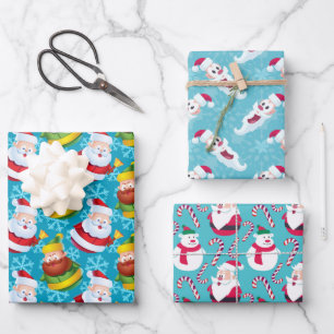 Christmas Santa’s with Aqua Background  Wrapping Paper Sheet