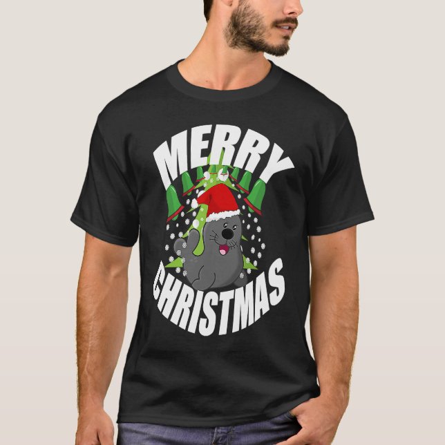 christmas Santa Seal Animal  Sea Lion Xmas T-Shirt (Front)