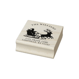 Christmas Santa Sleigh Family Name Return Address  Rubber Stamp