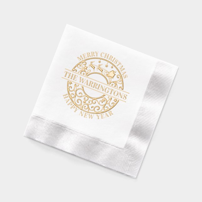 Christmas Santa Sleigh Lacy Filigree Family Name  Foil Napkins (Left)