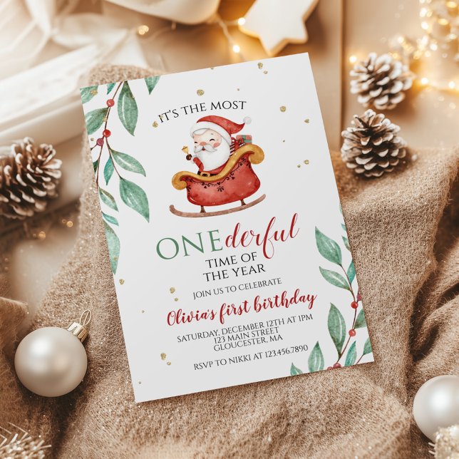 Christmas Santa Sleigh Onederful First Birthday Invitation (Creator Uploaded)