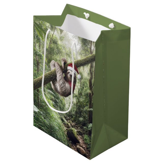Christmas Santa Sloth In Rainforest Medium Gift Bag (Front Angled)