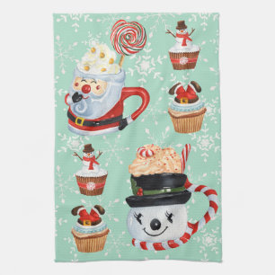 Christmas Santa & Snowman Hot Cocoa & Cupcakes Tea Towel