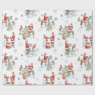 Christmas Santa Snowmen Watercolor Wrapping Paper