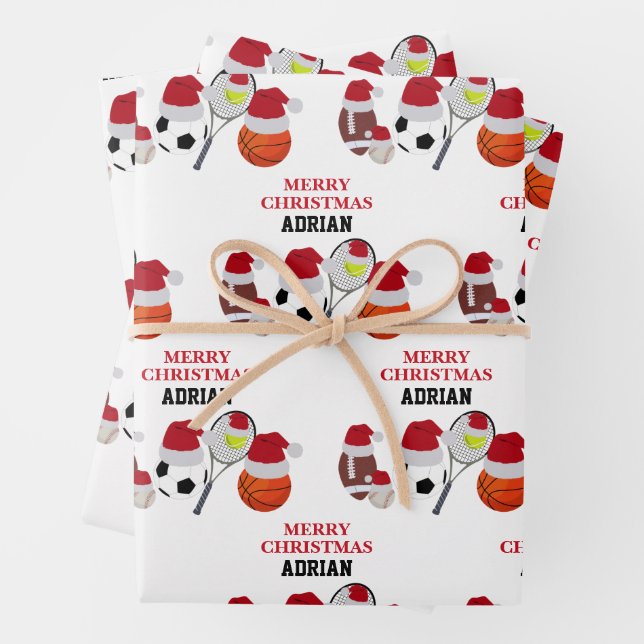 Christmas Santa Sports Athletic Balls Custom Name  Wrapping Paper Sheet (In situ)