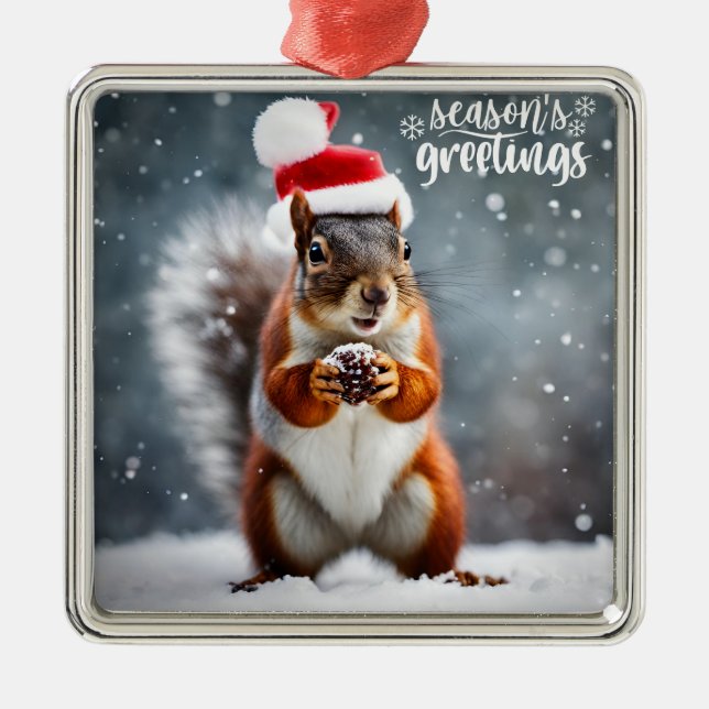 Christmas Santa Squirrel with Pinecone  Metal Ornament (Front)