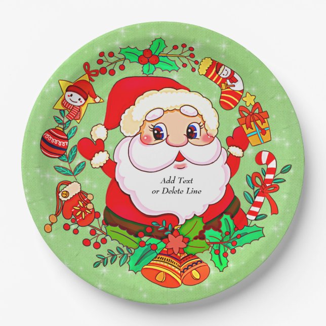 Christmas Santa Stocking Cane Present Holly 9"   Paper Plate (Front)