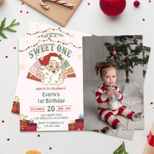 Christmas Santa Sweet One 1st Birthday Party Photp Invitation