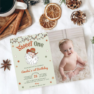 Christmas Santa Sweet One Birthday Party Photo Invitation
