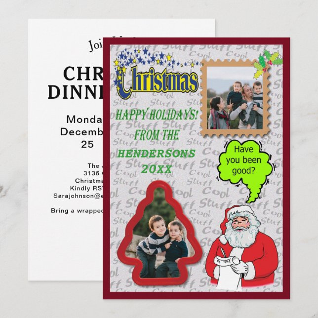Christmas Santa & Tree Add Two Photos Holiday Invitation (Front/Back)
