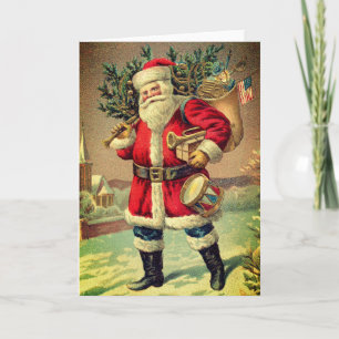 Christmas Santa VINTAGE WITH TREE AND TOYS CARD