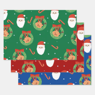 Christmas Santa with Friends and Candy Canes Wrapping Paper Sheet