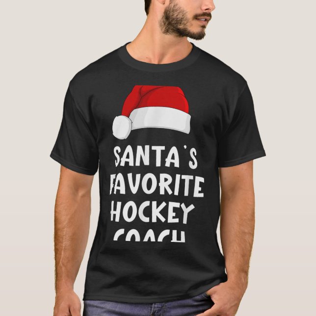 Christmas Santas Favourite Hockey Coach Funny Xmas T-Shirt (Front)