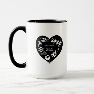 Christmas Santa's Reindeer Blk & Wht.Heart Mug