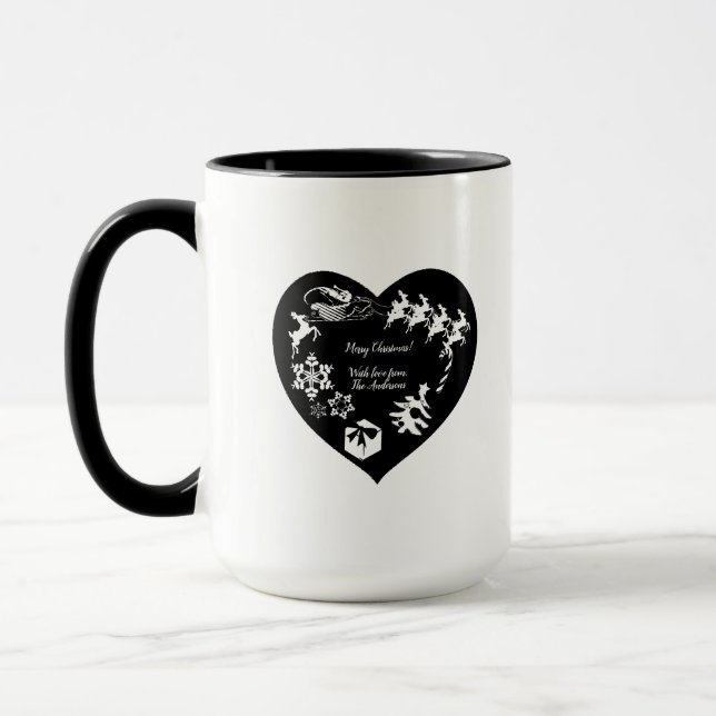 Christmas Santa's Reindeer Blk & Wht.Heart Mug (Left)