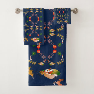 Christmas Santa's Reindeer Drk Blue Bath Towel Set