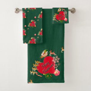 Christmas Santa's Reindeer Green Bath Towel Set