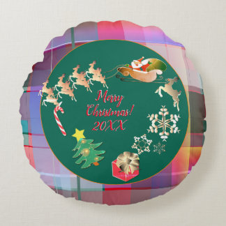 Christmas Santa's Reindeer Plaid Paper Plate Round Cushion