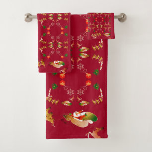 Christmas Santa's Reindeer Red Bath Towel Set