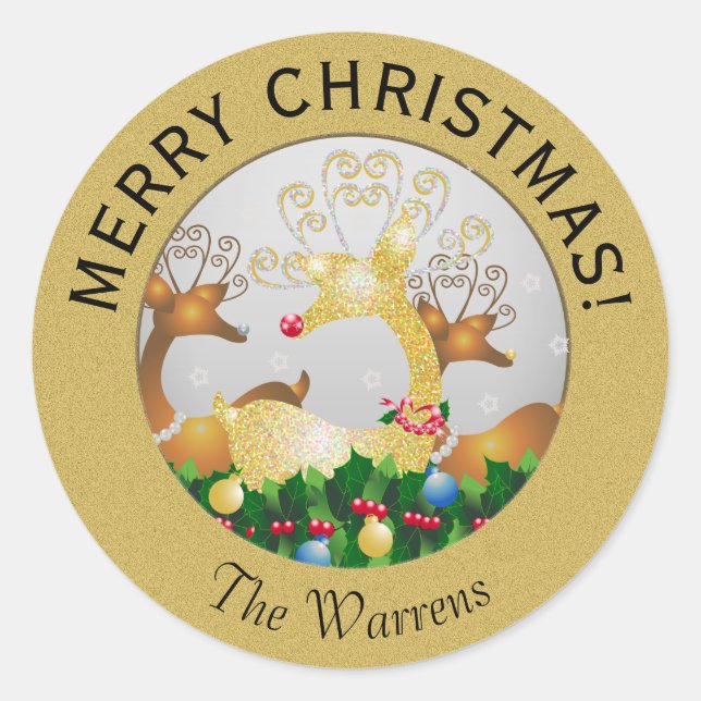 Christmas Santa's Reindeer Snowflakes Festive Classic Round Sticker (Front)