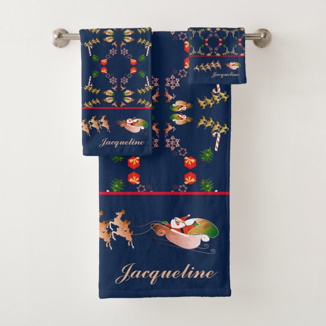 Christmas Santa's Reindeer w/Name Bath Towel Set (Insitu)