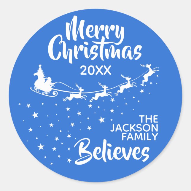 Christmas Santa's sleigh reindeers holiday Classic Round Sticker (Front)