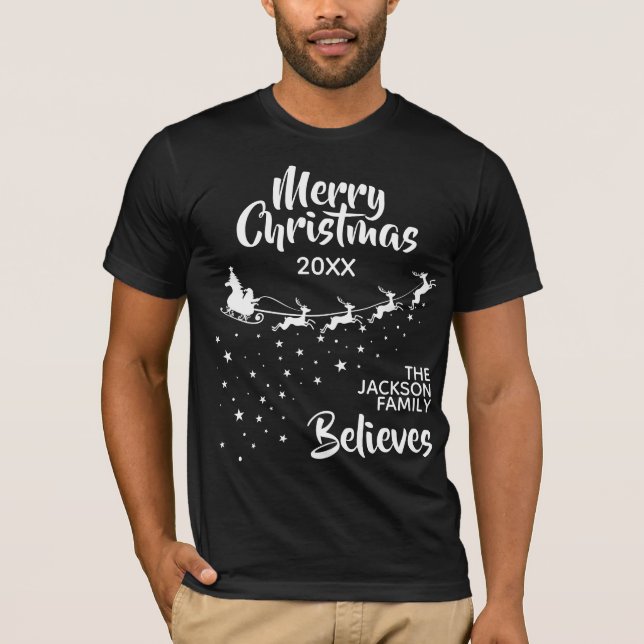 Christmas Santa's sleigh reindeers holiday family T-Shirt (Front)