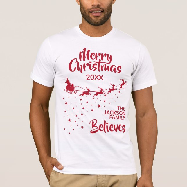 Christmas Santa's sleigh reindeers holiday family T-Shirt (Front)