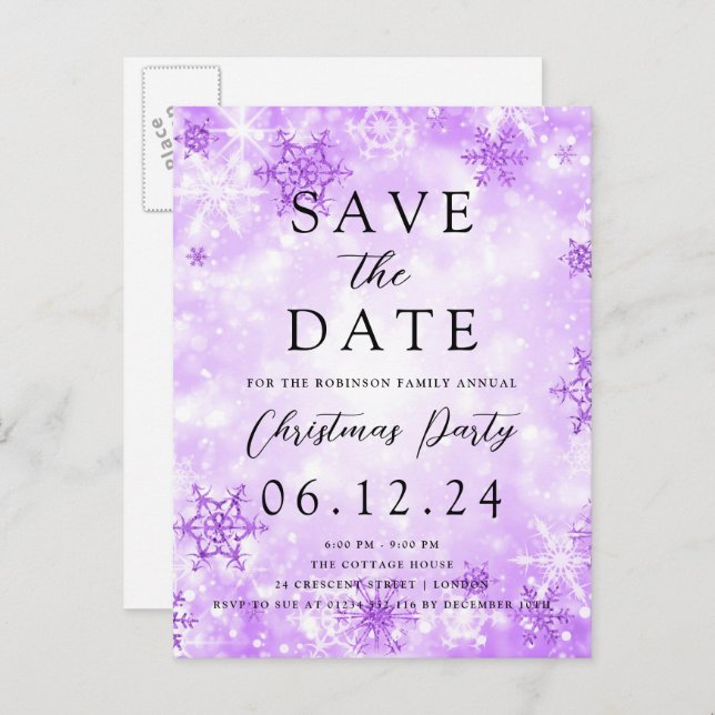 Christmas Save The Date Purple Winter Wonder  Announcement Postcard (Front/Back)