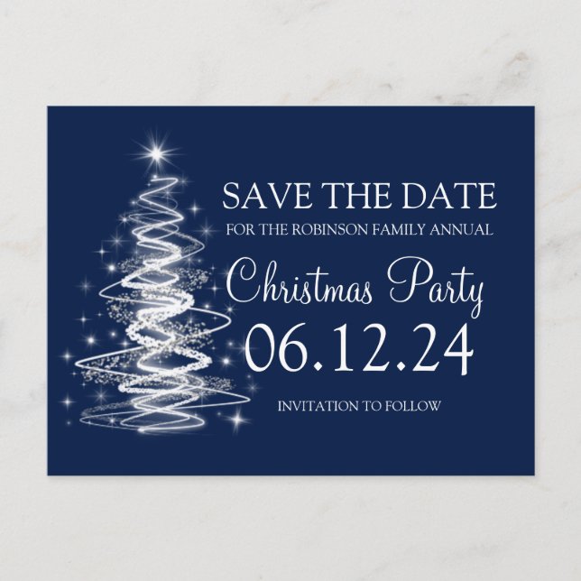 Christmas Save The Date Sparkling Tree Navy Blue Announcement Postcard (Front)