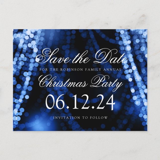 Christmas Save The Date Twinkle String Lights Blue Announcement Postcard (Front)