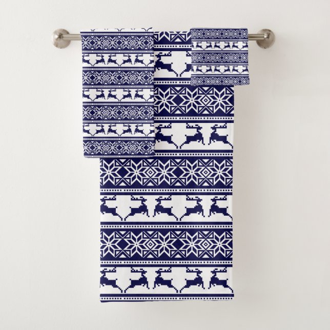 Christmas, Scandinavian Folk Blue and White Bath Towel Set (Insitu)