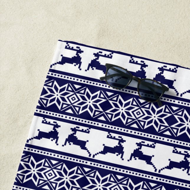 Christmas, Scandinavian Folk Blue and White Beach Towel (In Situ)