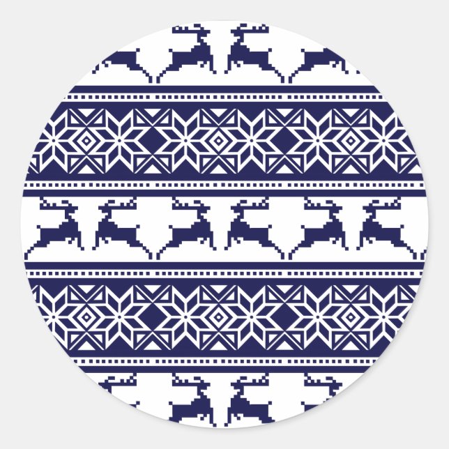 Christmas, Scandinavian Folk Blue and White Classic Round Sticker (Front)