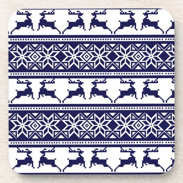 Christmas, Scandinavian Folk Blue and White Coaster (Front)