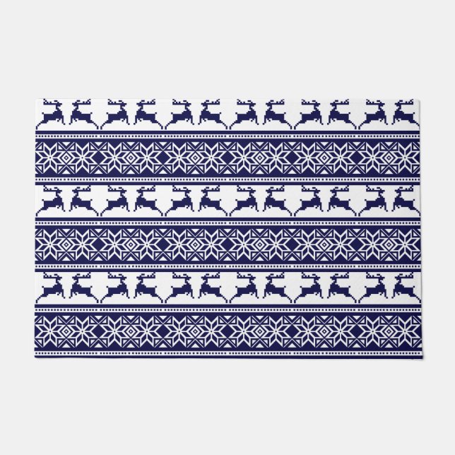 Christmas, Scandinavian Folk Blue and White Doormat (Front)