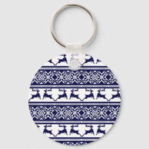 Christmas, Scandinavian Folk Blue and White Key Ring