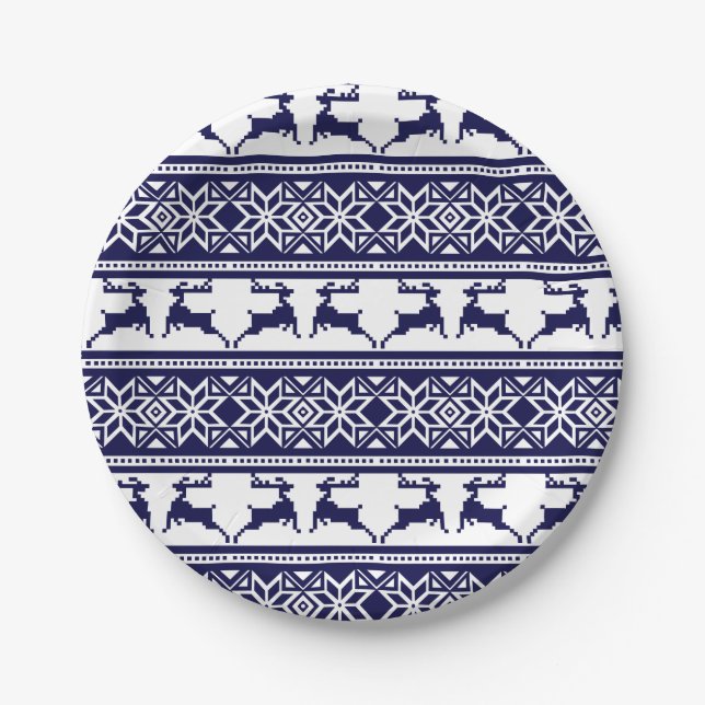 Christmas, Scandinavian Folk Blue and White Paper Plate (Front)