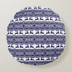 Christmas, Scandinavian Folk Blue and White Round Cushion