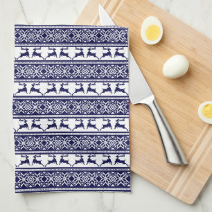 Christmas, Scandinavian Folk Blue and White Tea Towel