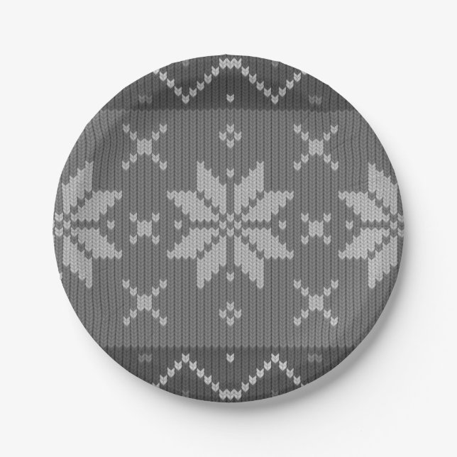 Christmas Scandinavian Knit Elegant Grey Winter Paper Plate (Front)
