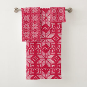 Christmas, Scandinavian, red, white, snowflakes Bath Towel Set